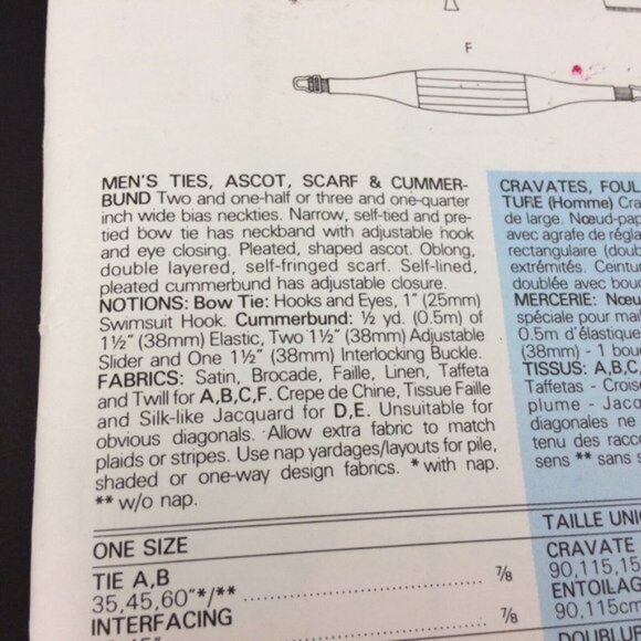 Vogue 2826 Vintage 80s Sewing Pattern Mens Ties Ascot Scarf Cummerbund Uncut - Picture 7 of 15